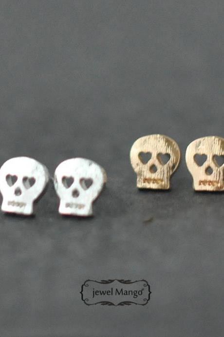 -FREE SHIP- Skull stud Earrings - gold or silver,