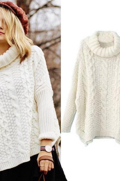  Autumn New Fashion Sweaters Women Casual White Long Sleeve Turtleneck Chunky Cable Knit Sweater