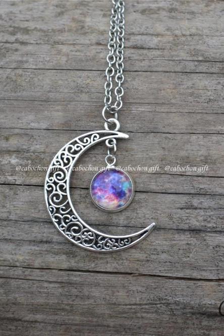 Moon And Galaxy Necklace,steampunk Moon And Purple Galaxy Nebula Space Necklace, Colorful Galaxy Moon Jewelry N815