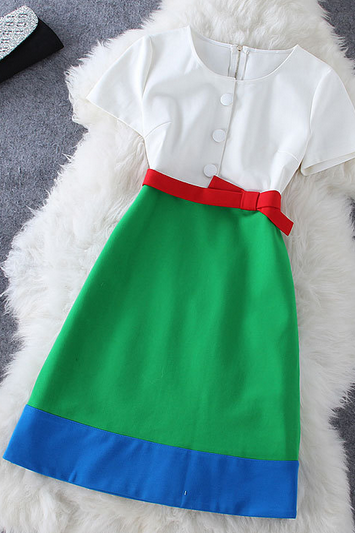 Fashion Four Color Stitching Short-sleeved Dress Ax082804ax