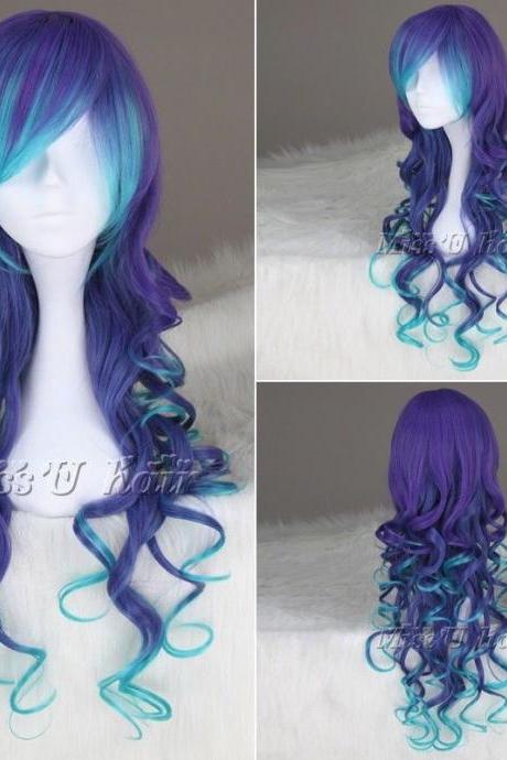 Blue Mix Purple Long Curly Synthetic Cosplay Wig Lolita Wigs