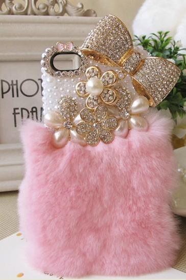 Bow Rabbit Fur Case Pearl Case Iphone 4 Case Iphone 4s Case Iphone 5 Case Iphone 5s Case