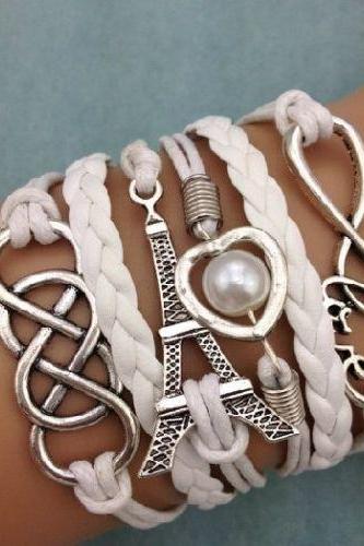 SALE! Free shipping NEW Infinity Love Heart Tower Friendship Antique Silver Leather Charm Bracelet
