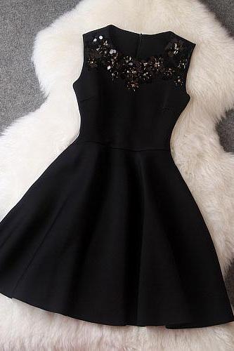 Luxury Designer Sequined Sleeveless Dress For Autumn&winter - Black