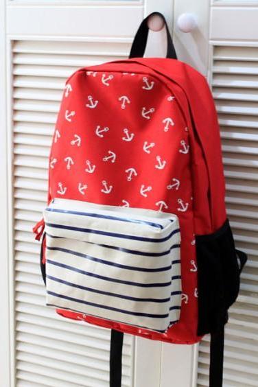 Fashion Red anchor striped backpack 