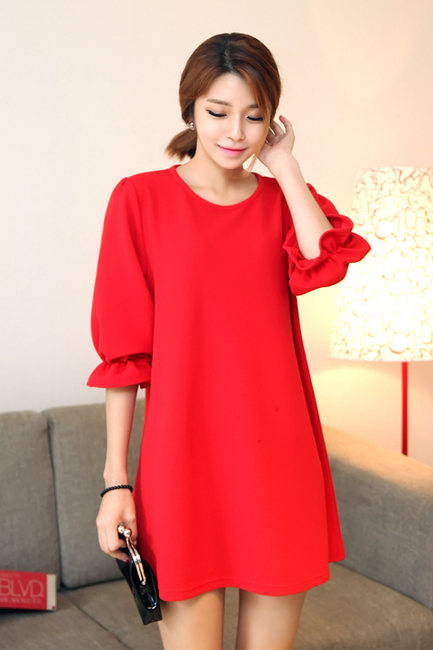 Round Neck Basic Shift Dress with Ruffled Cuffed Sleeves