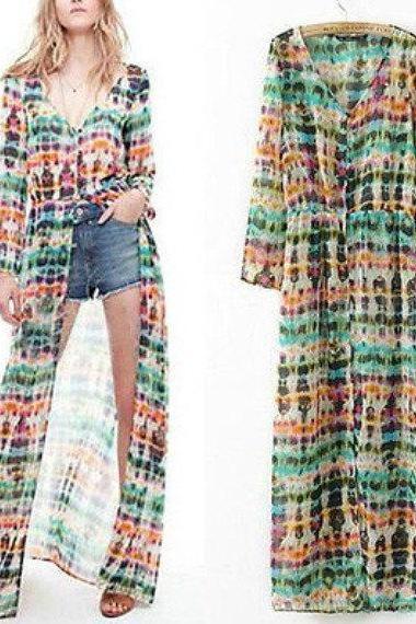 Trendy Stylish Bohemia Tie Dye Printing Button Up Long Cardigan Maxi Dress