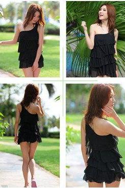 Swimsuit One Piece Black Tankini Padded Cups With Attached Bottom
