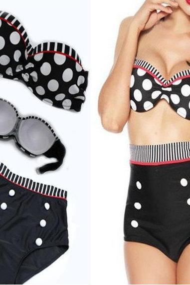 Retro 50s Polka Black Dot Pin Up Vintage Top Bottom High Waist Bikini Swimwear