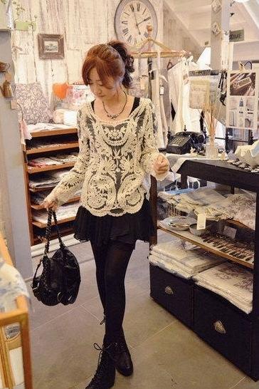 Sexy Semi Sheer Sleeve Embroidery Floral Lace Crochet Tee Top T Shirt Blouse Clothes