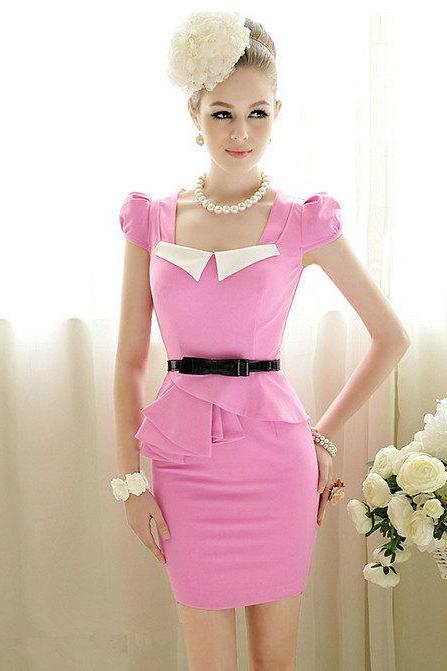 Elegant Women Office Lady Pink Flouncing Sweet Peplum Cap Sleeve Dress