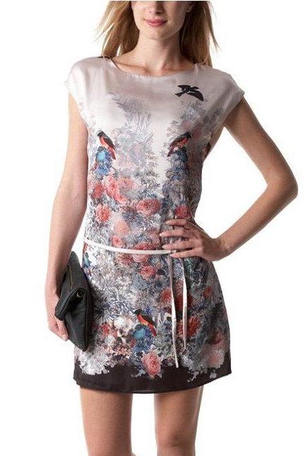 Chic Spring Europe Women Vintage Floral Flying Bird Animal Dress Party Gown