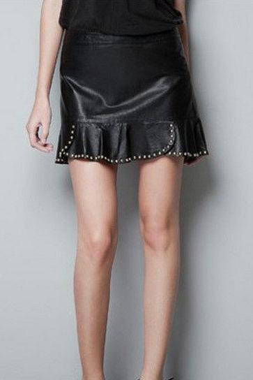 Synthetic Leather Flounce Mini Skirt with Rivet Detailing