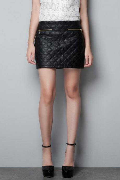 Women casual sexy diamond pattern quilted Synthetic leather trim skirt