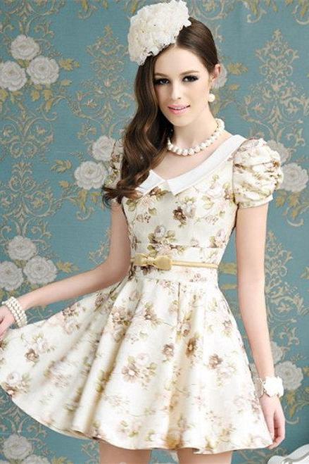 Charmning Fine Quality Women Floral Bowknot Ball Gown Short cap Sleeve Dress