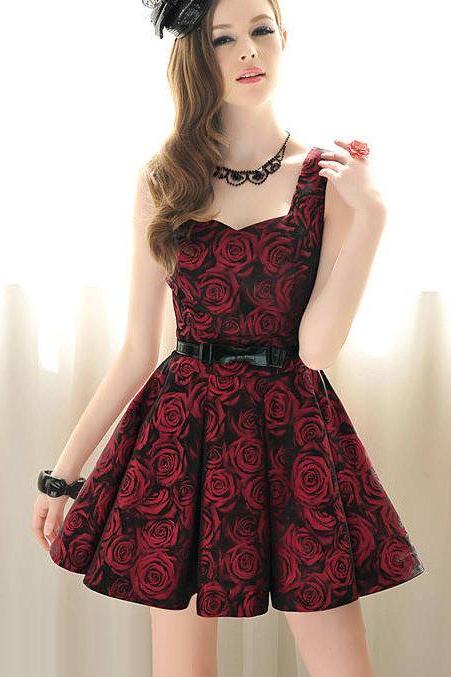New Ladies Rose Floral Printed Emprie Waist Ball Gown Big Skirt Sleeveless Dress