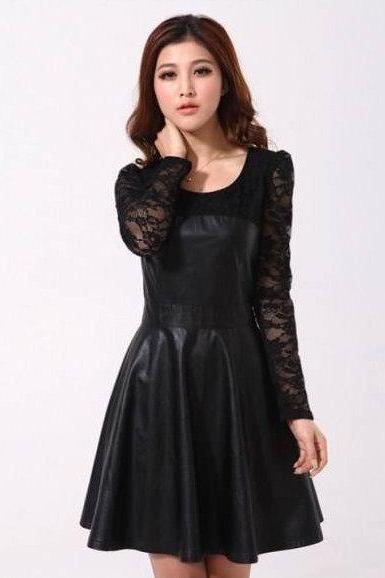 Elegant Round Collar Slim Stylish Velvet Lace Stitching Pu Leather Long Sleeve Dress