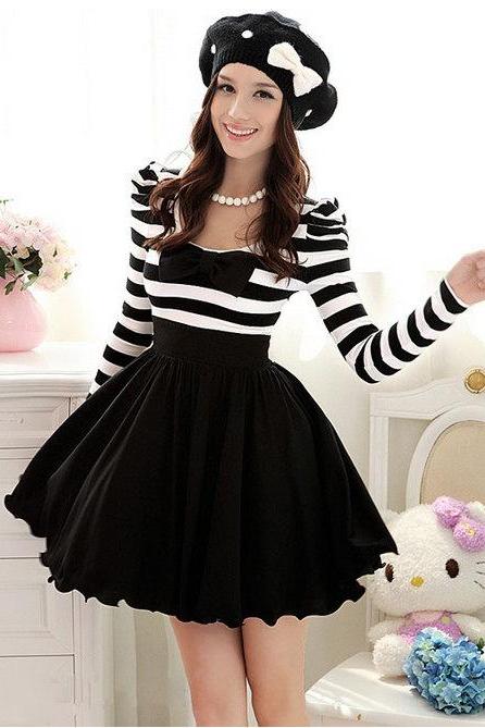 Women fashion Black White Striped Bowknot round collar Puff Long Sleeve Dress