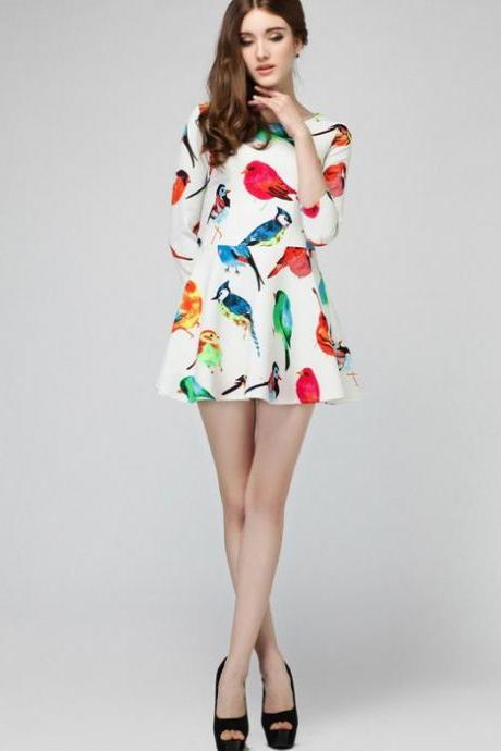 Spring Fashion Women Elegant Fresh Shape Colorful Bird Print Slim 3/4 Sleeve Dress