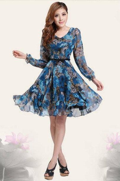 Elegant Retro Women Slim V Neck Blue Floral Long Sleeve Office Lady Ol Chiffon Dress