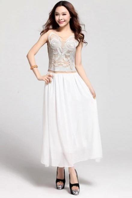 Ladies Floral Embroidery Lace Sleeveless Vest Long Wool Cotton Party Dress