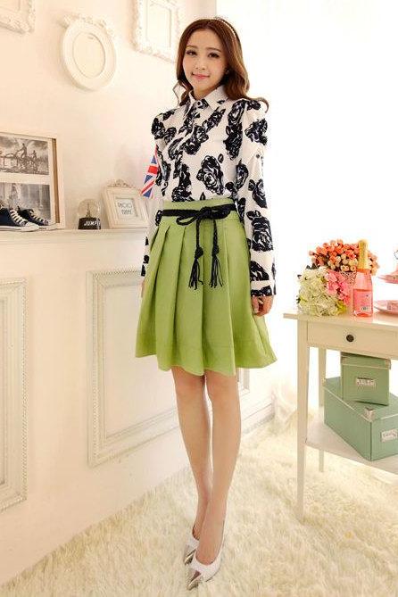 Trendy Women Floral Waist Chiffon Short Sleeve Frill Tunic Green Mini Dress