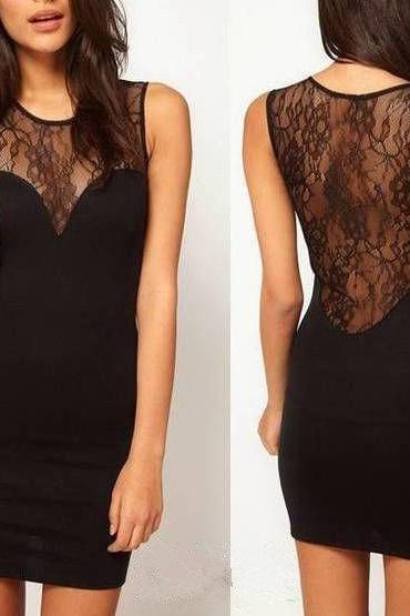 Black Mesh Lace Neck Splice See Through Party Mini Bodycon fit Dress Clubwear