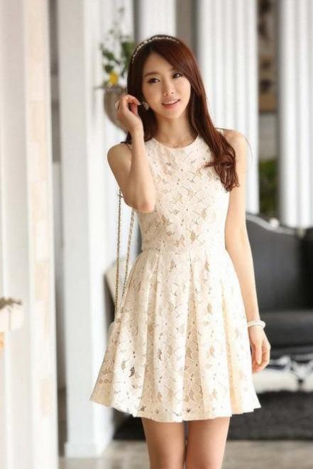 Korean Women Sleeveless Frill Tunic Peplum Lace Floral Embroidery One Piece Shirt Dress