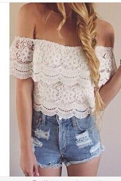 Women Off-Shoulder Flounce Lace Top with Scalloped Details