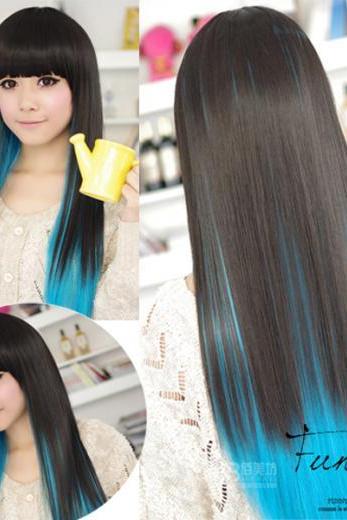 Black and Blue Color Hightlight sexy Straight Wigs style cosplay long hair