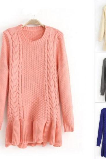 High Quality Twist Pattern Falbala Hem Slim Fit Pullover Woolen Sweater For Woman 