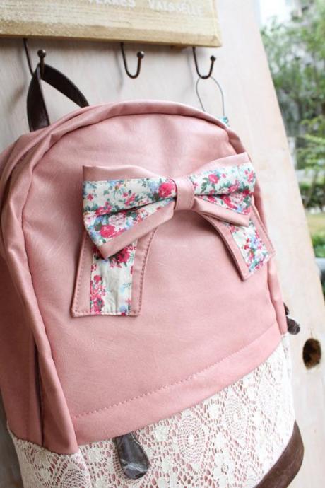 Cream Backpack with Red Floral Bow & Lace-pink 