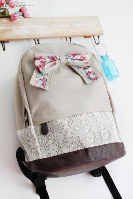 Griege Backpack with Red Floral Bow & Lace