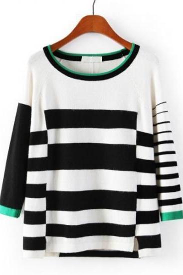 Fashion Color Block Round Neck Knitting Striped Sweater