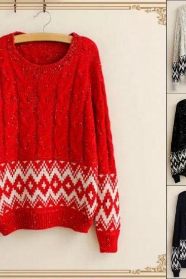 High Quality Women's Rhombus Print Long Sleeves Pullover Round Neck Loose Knitting Sweater
