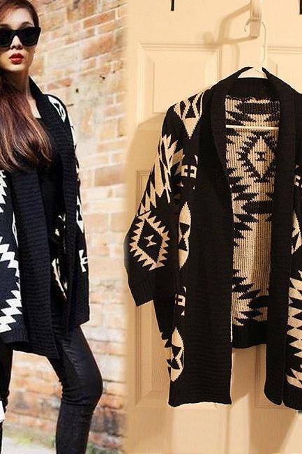 oversized aztec geometry print knitted cardigan - black