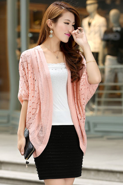 Half Bat Sleeves Hollow-out Pink Regular Cardigan Sweater