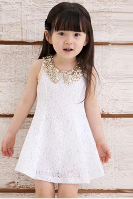 WHITE Dress for Little Girls with Golden Peter Pan Collar-Birthday Wedding Party Outfit Dress