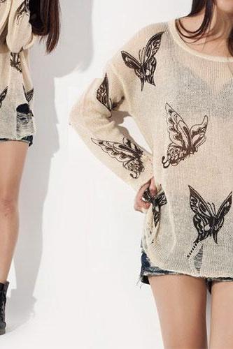 Fashion Punk Style Loose Fitting Frayed Butterfly Print Shirt - Apricot