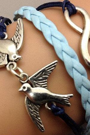 Infinity & Love bird Bracelet Charm Bracelet Silver Bracelet Navy blue Wax Cords light blue Leather Charm Bracelet Personalized Bracelet