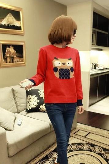 Fashion top sweater jumpers cute cartoon owl lady loose warm sweaters high quality