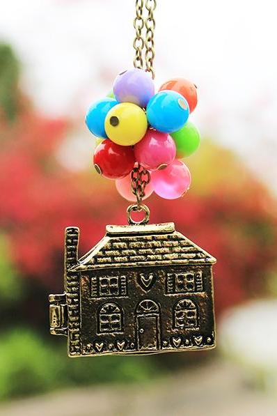 House Lifted by Balloons Charm and Bead Necklace