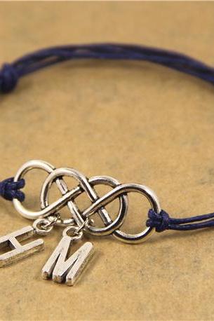 Double Infinit Anklet, Initial Anklet, Navy Blue Wax Cord Anklet, Birthday Gift, Christmas Gift