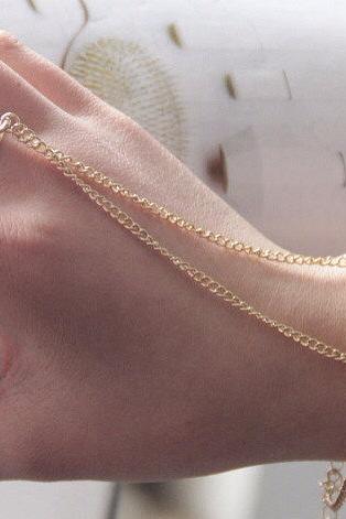 Rouelle LOVE 18 Karat Gold Handpiece: Hand-piece, cuff, bracelet, ring-bracelet, slave bracelet, slave chain, hand chain