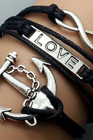 Infinity love & Anchor Bracelet Charm Bracelet Silver Bracelet Black Korean Wax Cords Black Leather Charm Bracelet Personalized Bracelet