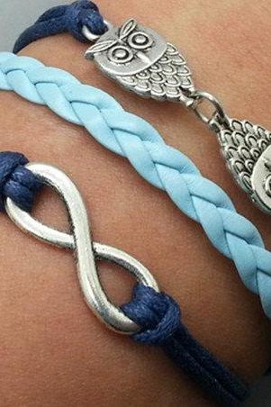 Infinity & Owls Bracelet Charm Bracelet Silver Bracelet Navy blue Korean Wax Cords Shallow blue Leather Charm Bracelet Personalized Bracelet