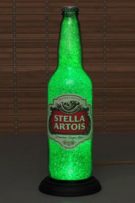 Big 24oz Stella Artois Beer Bottle Lamp Bar Light VIDEO DEMO Intense Sparkle and Glow / 'Diamond Like' Glass Crystals on Inside Surface