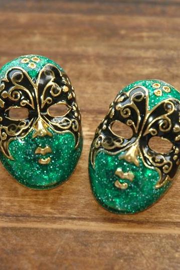 Green Phantom of the Opera Butterfly Mask Earrings