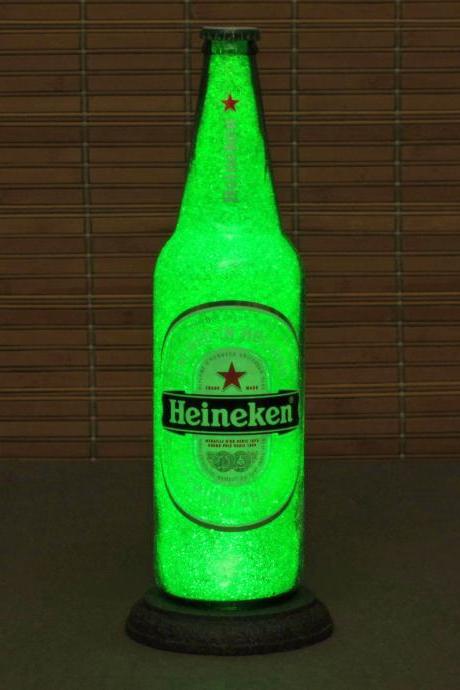 Big 24oz Heineken Beer Bottle Lamp/Bar Light / VIDEO DEMO-Intense Sparkle and Glow / 'Diamond Like' Glass Crystals on Inside Surface