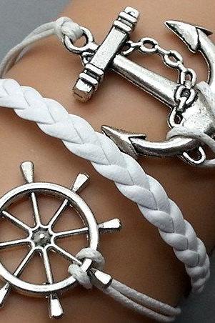 Anchor & Helmsman Bracelet Charm Bracelet Silver Bracelet White Korean Wax Cords White Leather Charm Bracelet Personalized Bracelet